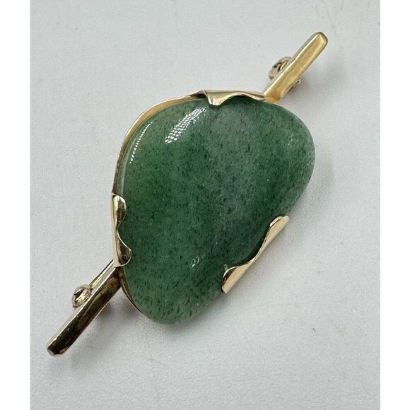 Vintage 14k Yellow Gold Polished Natural Shape Jade Brooch Pin Estate Jewelry - Picture 4 of 12